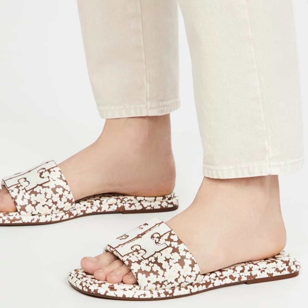 ☀️NEW☀️Tory Burch T Sport Slides Brown Floral 9